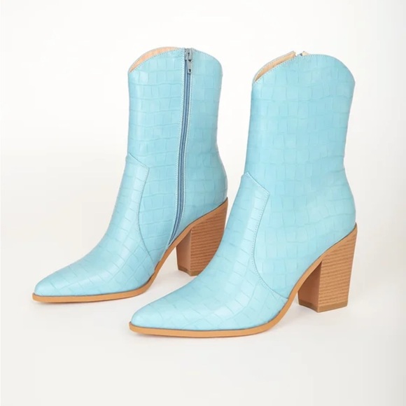 Lulu’s Blue Crocodile Embossed High Heel Boots - Picture 2 of 2